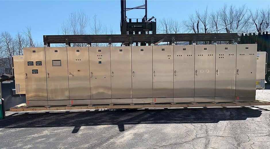 Large overhead crane control panel built by Ace World Companies for an industrial bridge crane system