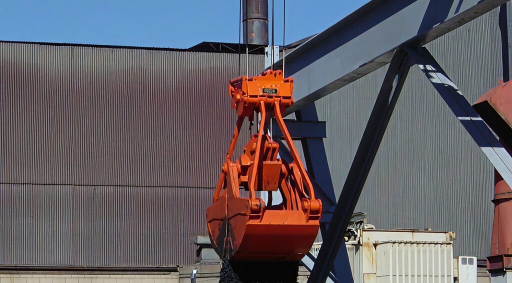 Below-the-hook clamshell grapple bucket suspended from overhead crane at industrial facility
